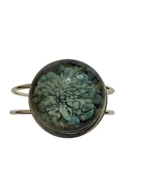 Glass Dome Resin Floral Cuff Bracelet with Teal Flower Silver Band Open Back